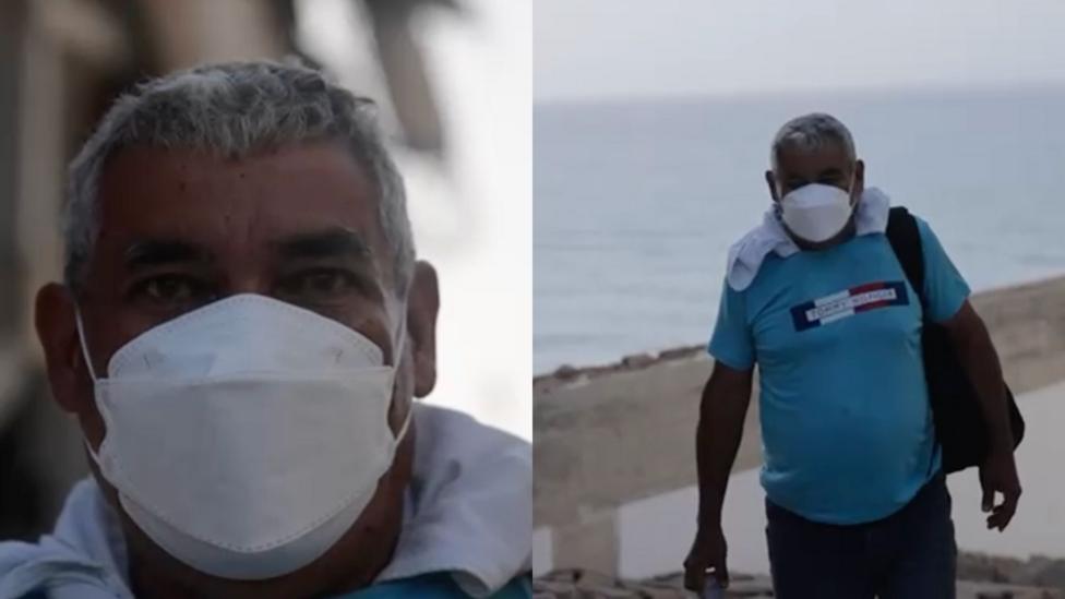 Two photos: one showing only a close up of a mans face you can only see his eyes as he is wearing a white mask. The other showing almost the full body of Jesús, wearing a face mask, a blue T-shirt, and trousers.