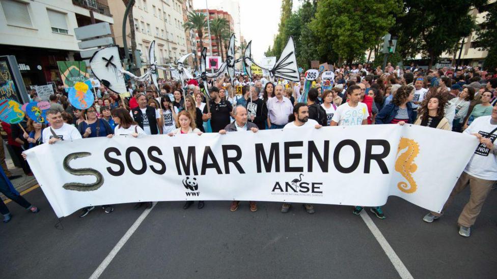 Demonstrators are seen with a banner ‘S.O.S Mar Menor’ during the concentration in Cartagena on October 30, 2019 in Murcia, Spain.