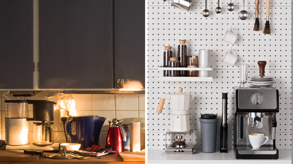 Two side-by-side images showing kitchen worktops and appliances in the foreground. The left shows a kettle, mugs, pans, and utensils messily arranged. The right image shows a pegboard wall with hanging cups, measuring spoons, and containers above a coffee machine, grinder, and stacked crockery. There are also shelves holding jars and kitchen items. 