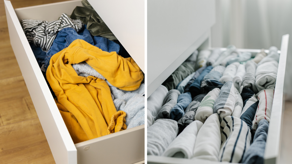 Two side-by-side images showing open white drawers filled with clothes in the foreground. The left drawer contains unfolded garments stored messily in a drawer, including a yellow top, striped fabric, and denim. The right drawer shows neatly organised file folded shirts in light colours and patterns.