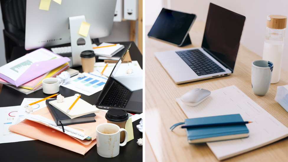 Two desks shown side by side, with work items in the foreground. The left desk is cluttered with notebooks, loose papers, sticky notes, coffee cups, and an open laptop. The right desk is neatly arranged with a closed notebook, a laptop, tablet, mouse, water bottle, and a mug placed on a clear surface.