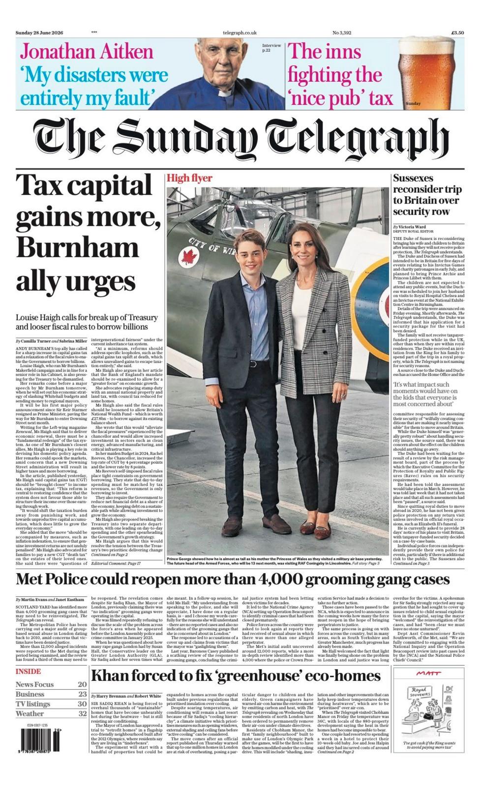 The headline on the front page of the Sunday Telegraph reads: 