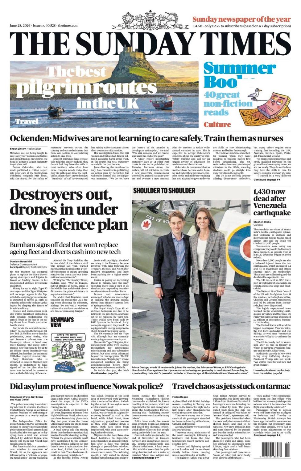 The headline on the front page of the Sunday Times reads: 