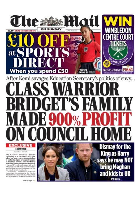 The headline on the front page of the Mail on Sunday reads: 