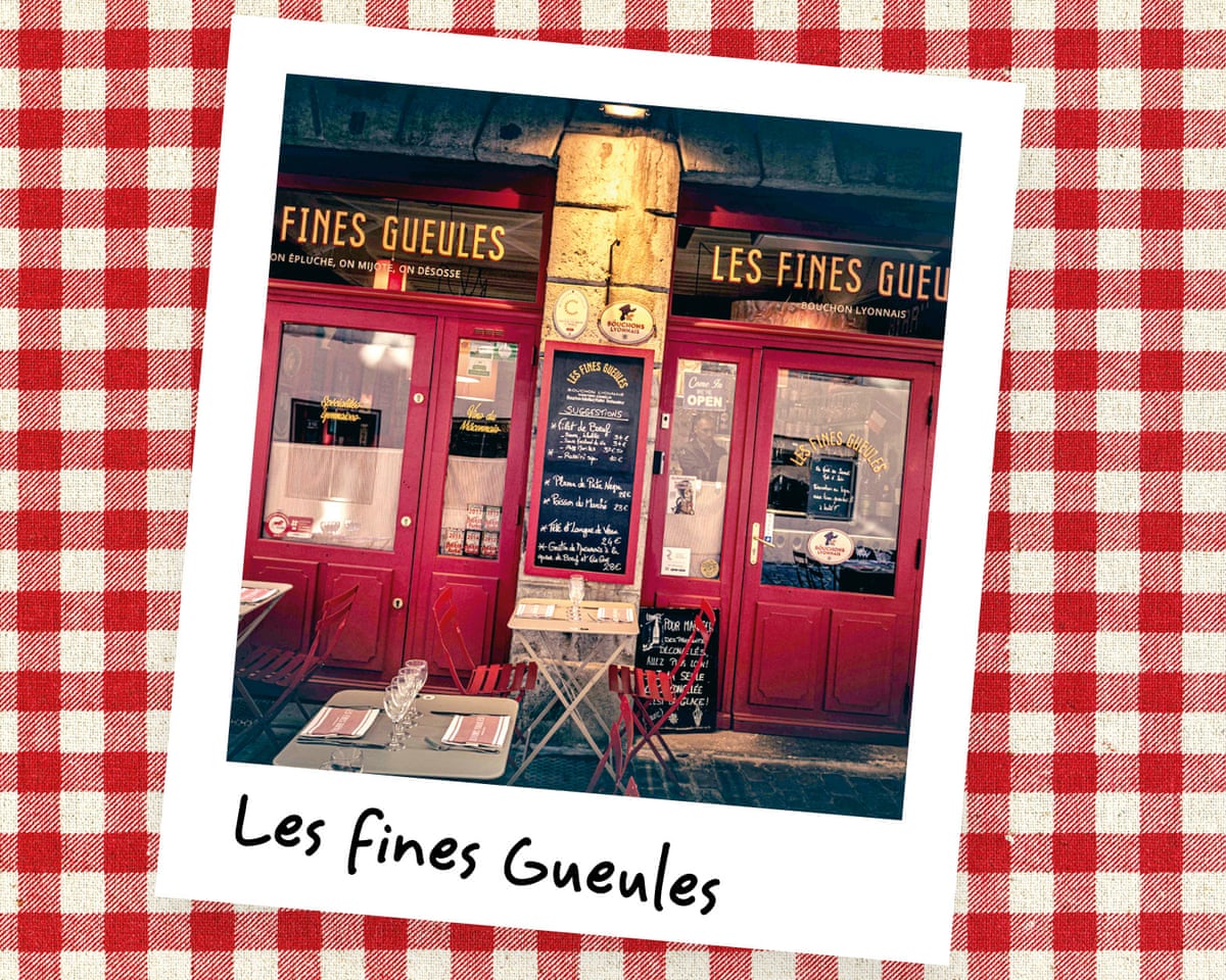 An instant photo of the exterior of a restaurant with red glazed doors and tables outside, against a red gingham background.