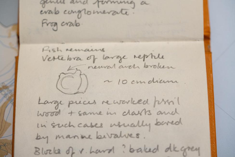 The orange covered notebook is open with the bottom of one page and the top of the next in view. The pencil writing on it runs from top to bottom with the notebook turned lengthways . Just below the join of the two pages, which is formed by the spine of the book, there is a small, simple sketch labelled 