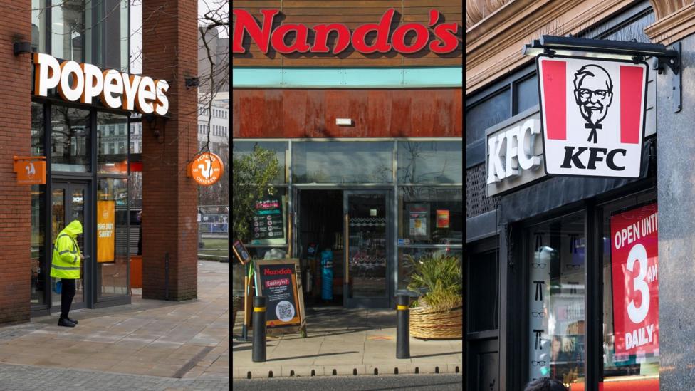 A composite image of a Popeyes, Nando's and KFC restaurant.