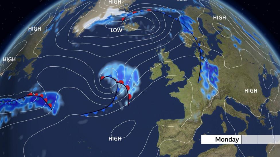 The pressure chart for Monday showing the Azores high building in from the south-west and low pressure systems in the Atlantic
