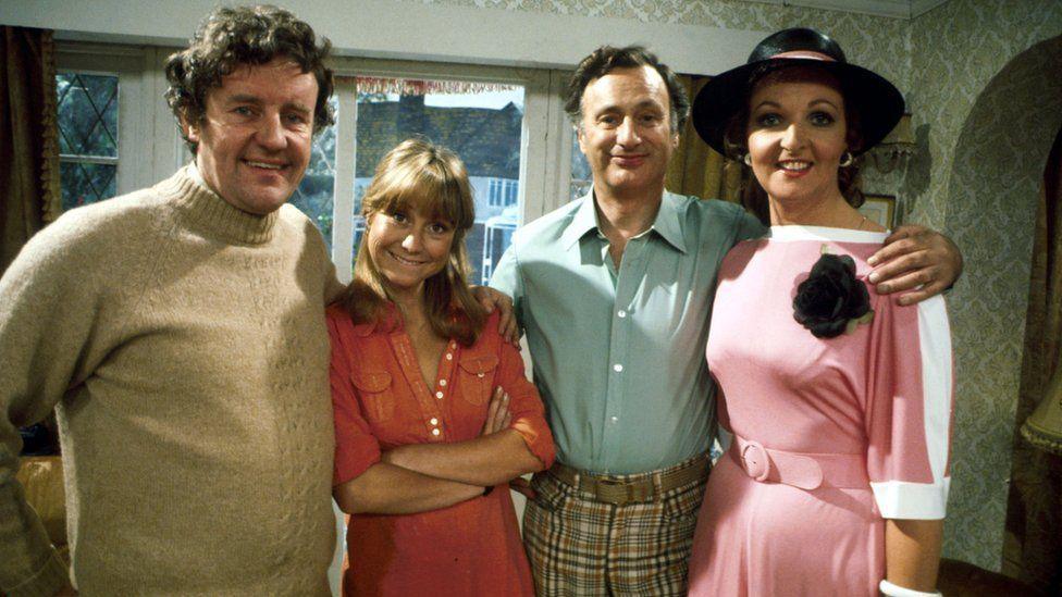 The four main characters in The Good Life - Richard Briers, Felicity Kendal, Paul Eddington and Penelope Keith are seen in character posing for the camera.