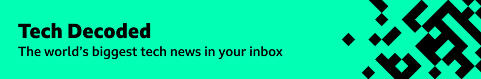 A green promotional banner with black squares and rectangles forming pixels, moving in from the right. The text says: “Tech Decoded: The world’s biggest tech news in your inbox every Monday.”