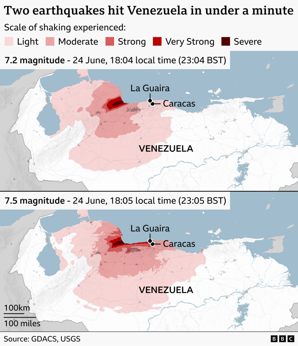 Two maps showing powerful earthquakes striking northern Venezuela less than a minute apart on 24 June. The first, magnitude 7.2 at 18:04 local time, produced strong to severe shaking concentrated inland near the coast, while the second, slightly larger magnitude 7.5 at 18:05, sp intense shaking across a wider area particularly along the northern coast. The maps use a colour scale from light to severe to illustrate shaking intensity, highlighting heavily affected zones around La Guaira and Caracas, with broader regions experiencing moderate to strong tremors. The source is GDACS and the USGS 