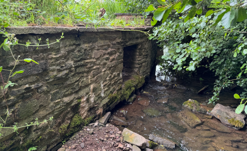 A stone wall sits on the side of a stream. It has a tunnel built in the middle which allows water to flow through once it's high enough.