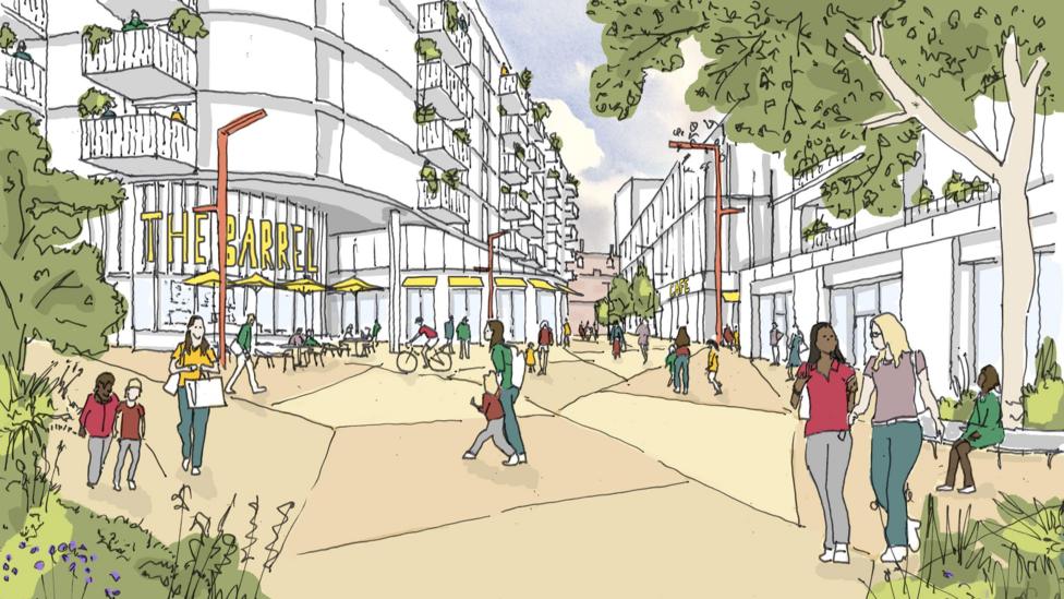 Another artistic impression of a proposed development in Belfast's Cathedral Quarter. The drawing shows pedestrians walking in front of a tall, curved building called 