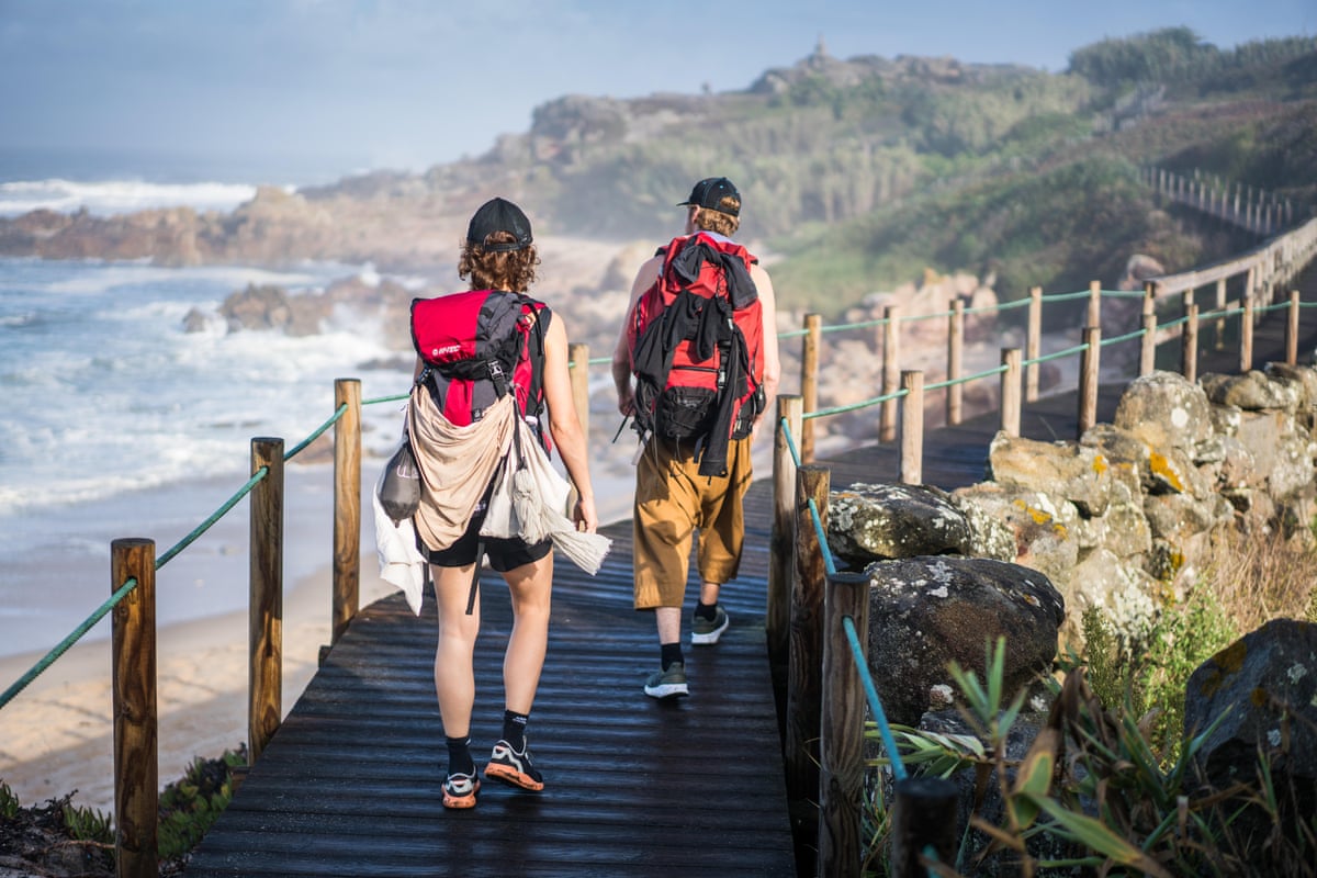 Hikers in shorts walking along a plank and rope bridge along the coast