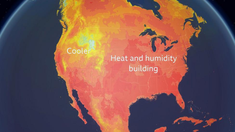Temperature map of North America with cooler air marked in the east and heat and humidity building in central and eastern areas