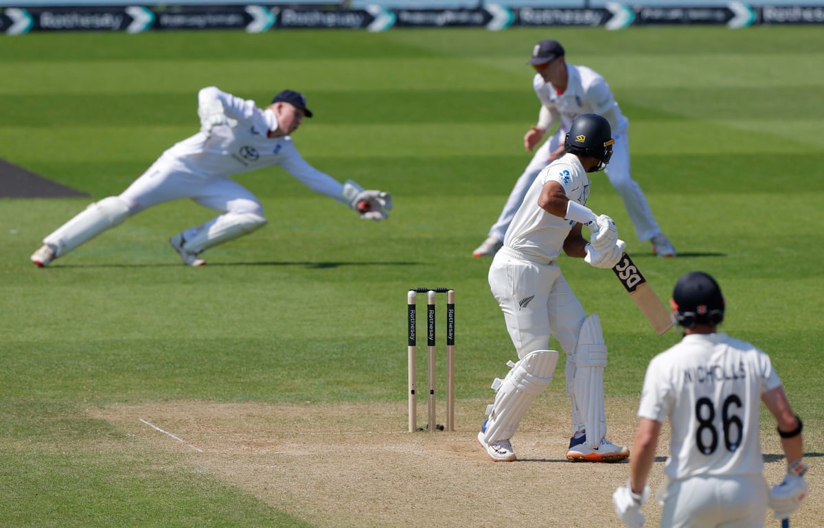 England wicketkeeper James Rew drops Rachin Ravindra during the Test at the Oval.