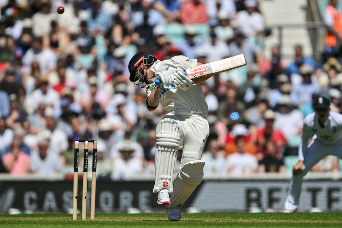 Henry Nicholls avoids a bouncer from Josh Tongue at The Oval.
