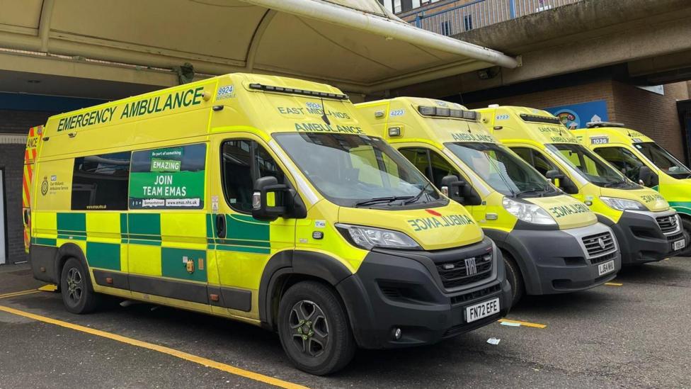 East Midlands ambulances parked in bays outside Queen's Medical Centre