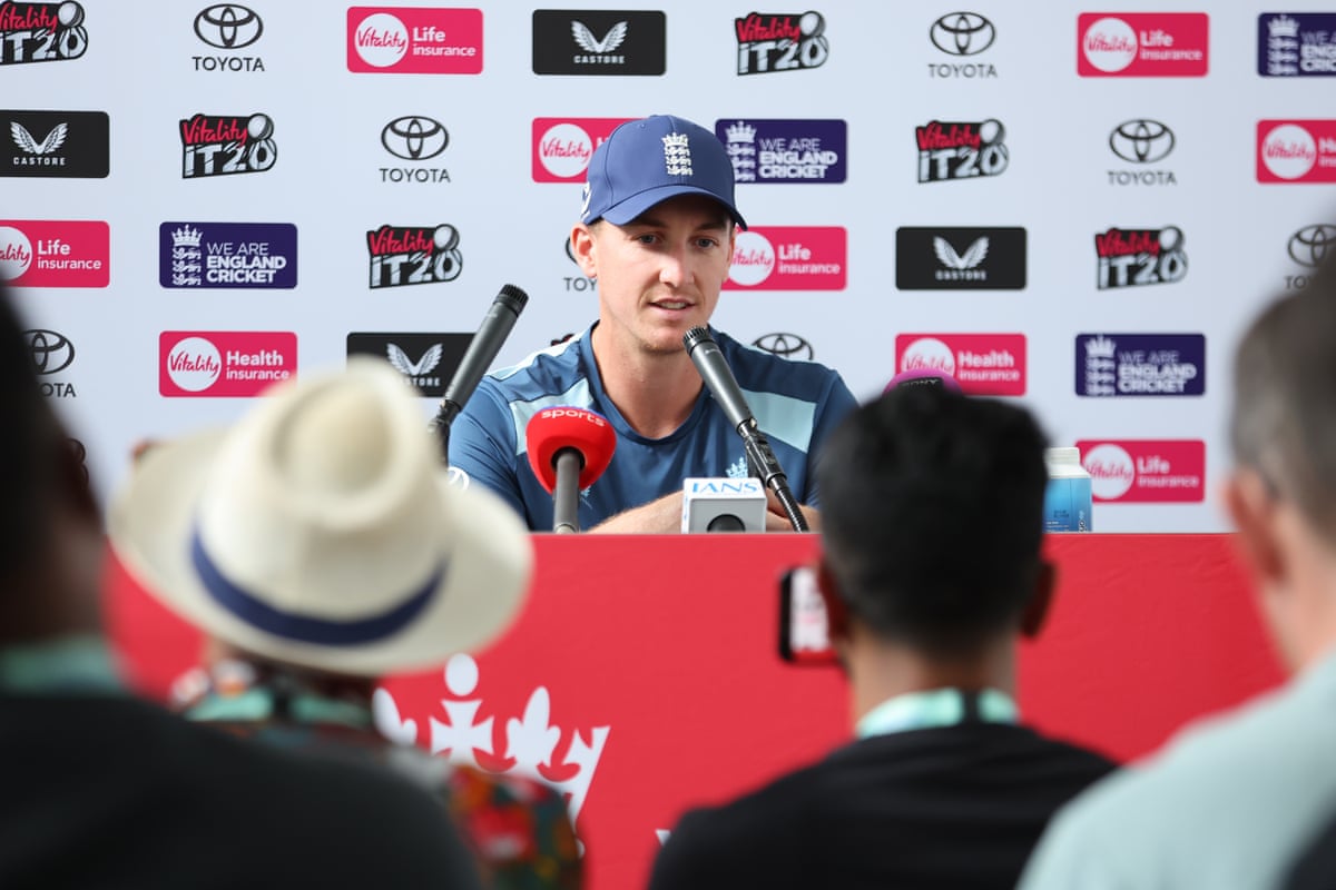 Harry Brook speaks at a press conference during an England training session.
