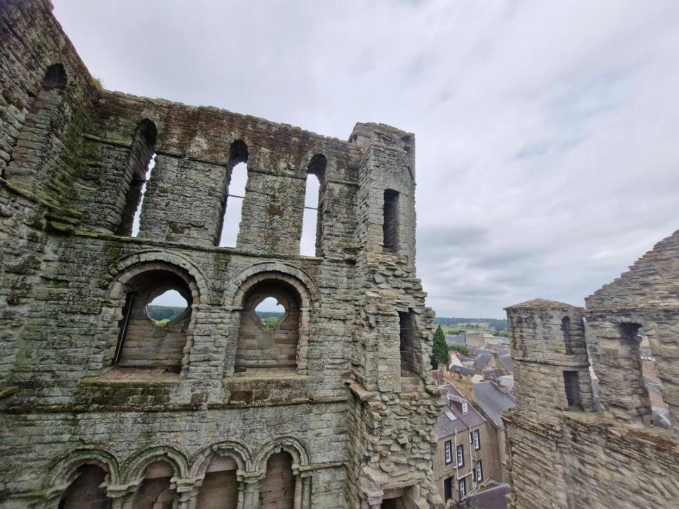 A view of the walls of Kelso Abbey and out across the rooftops