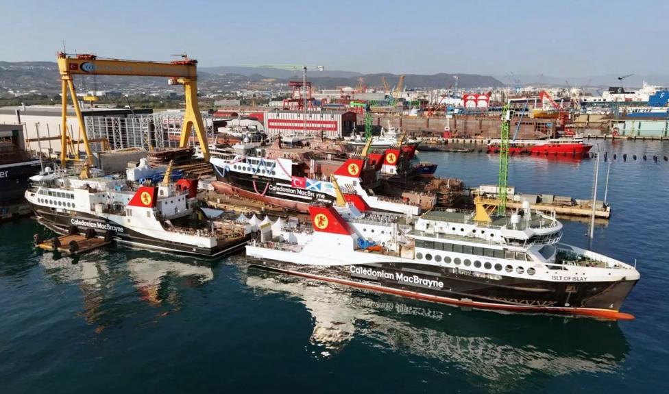 Four identicial ferries at various stages of construction at the Cemre shipyard
