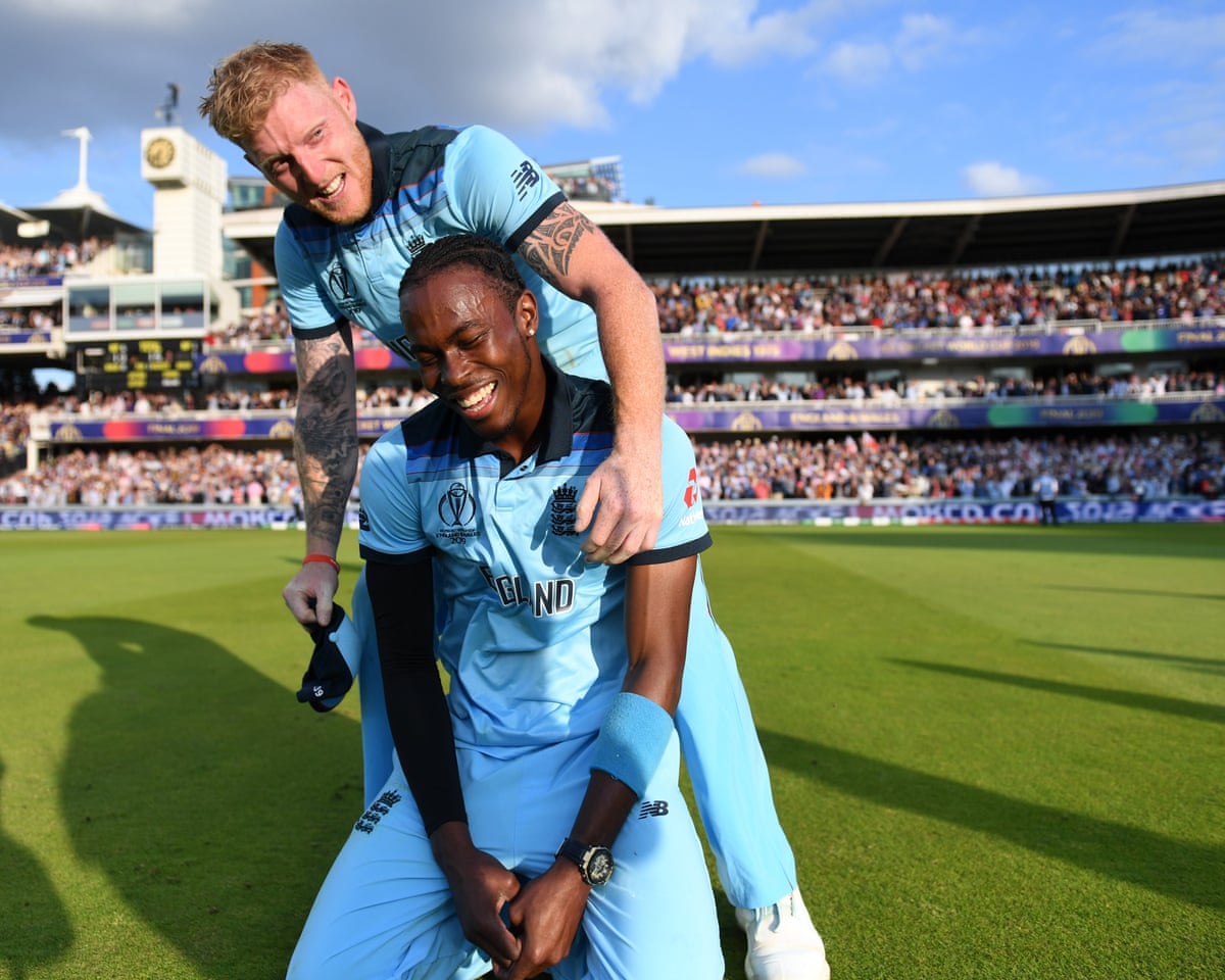 The England cricketers Ben Stokes and Jofra Archer embrace in celebration after winning the 2019 ODI World Cup at Lord’s.