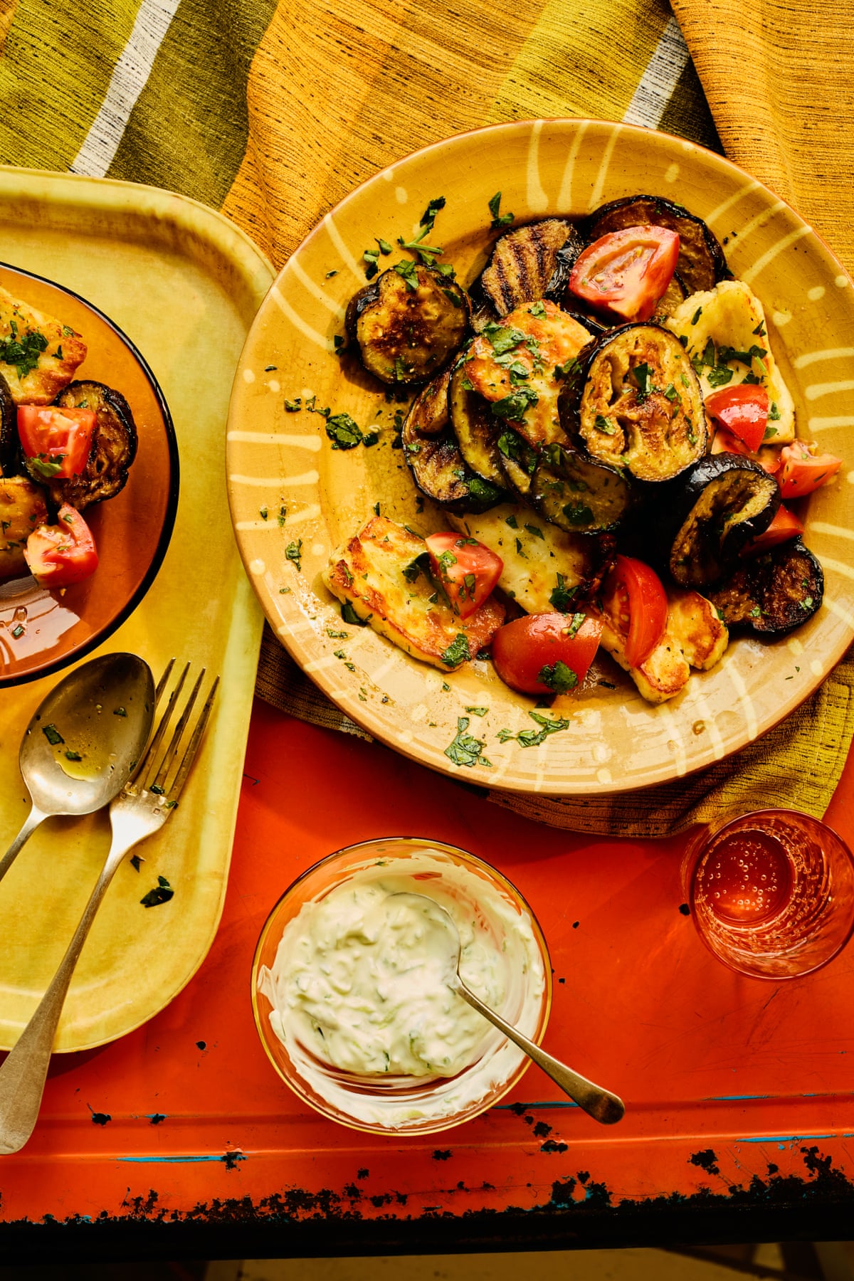 Georgina Hayden’s halloumi and grilled aubergine salad.