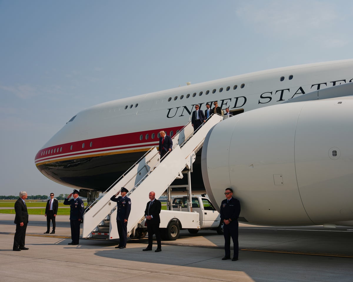 Donald Trump arrives on the new Air Force One at Bismarck municipal airport on 1 July 2026.