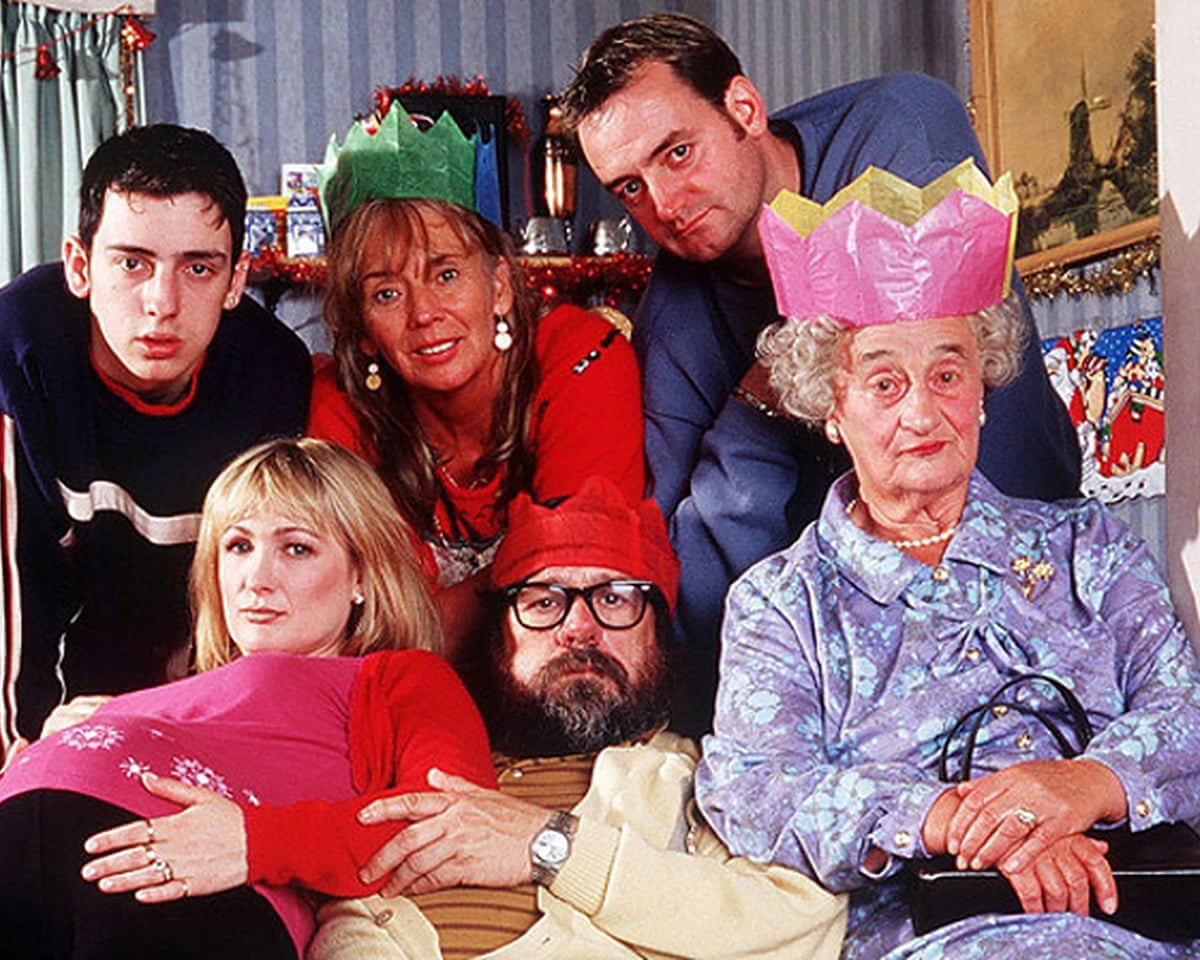 The cast of the Royle Family posing on Christmas Day. Caroline Aherne’s Denise is pregnant and lying on the arm of a chair.