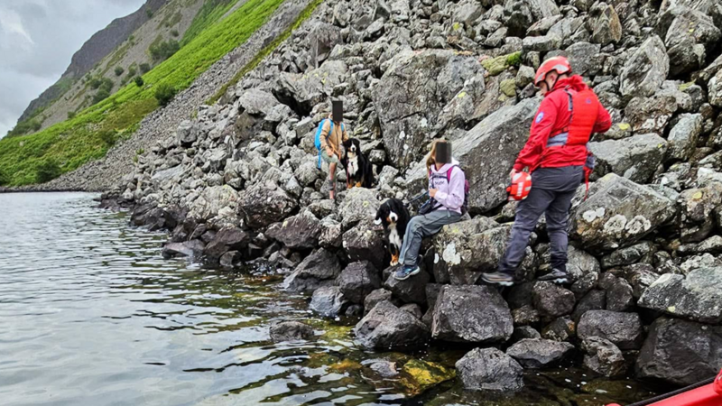 The two dogs on rocks with their owners. A boat with a rescuerer is picking them up.