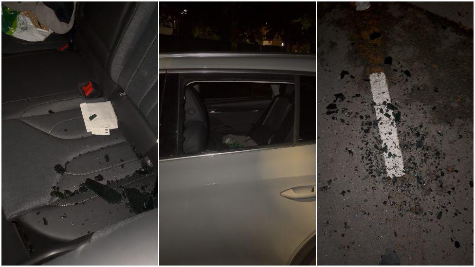 Three photos show car window smashed with debris on the rear seat and on road