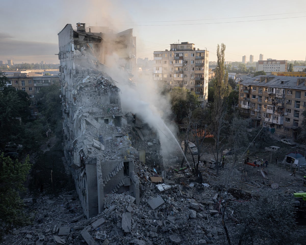 A general view of a destroyed building after a drone and missile attack by Russian forces in Kyiv, Ukraine.