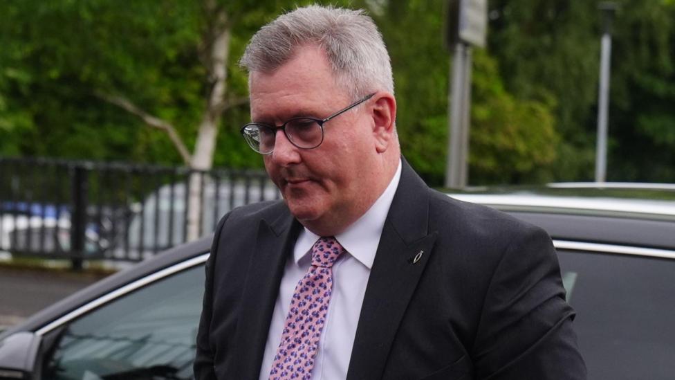 Jeffrey Donaldson, he has grey hair and is wearing glasses, a dark suit, white shirt and pink tie, with a fish pin on his blazer.
