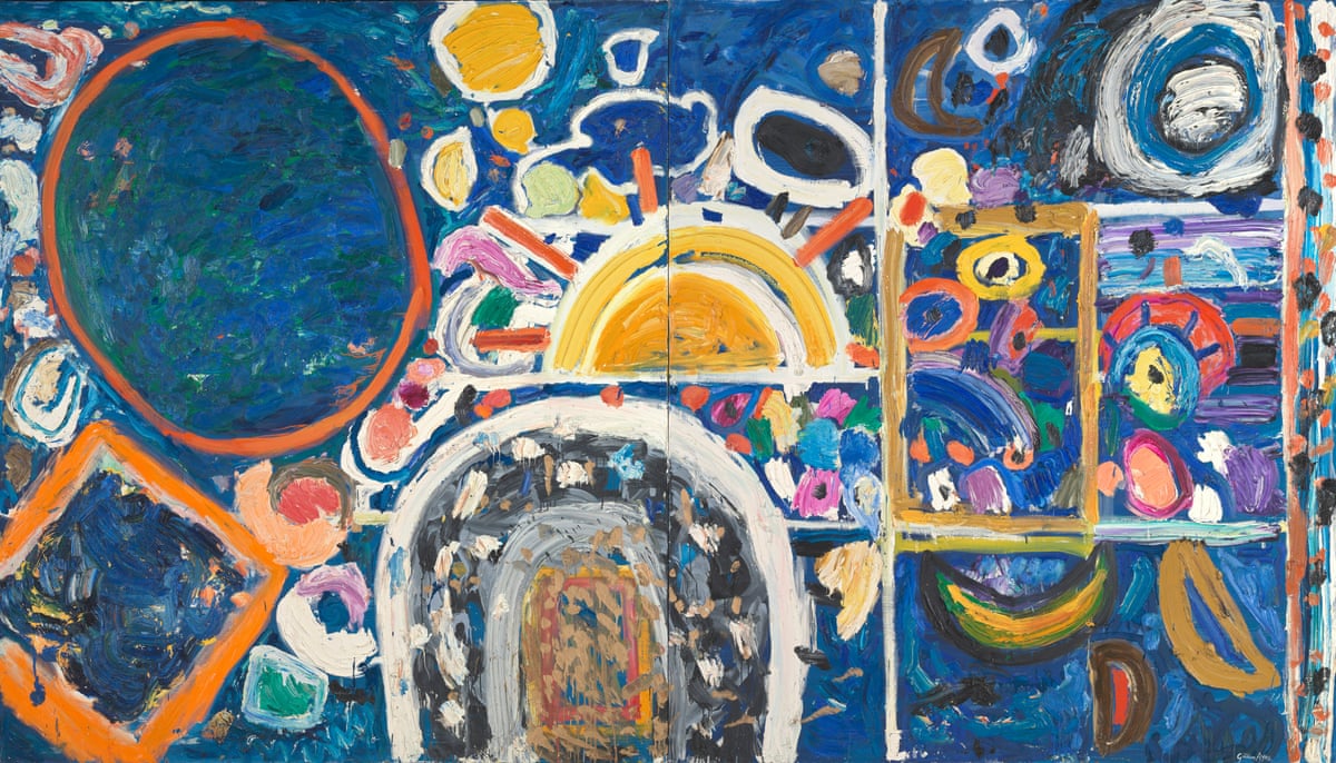 Abstract painting in mainly blues, yellows and whites.