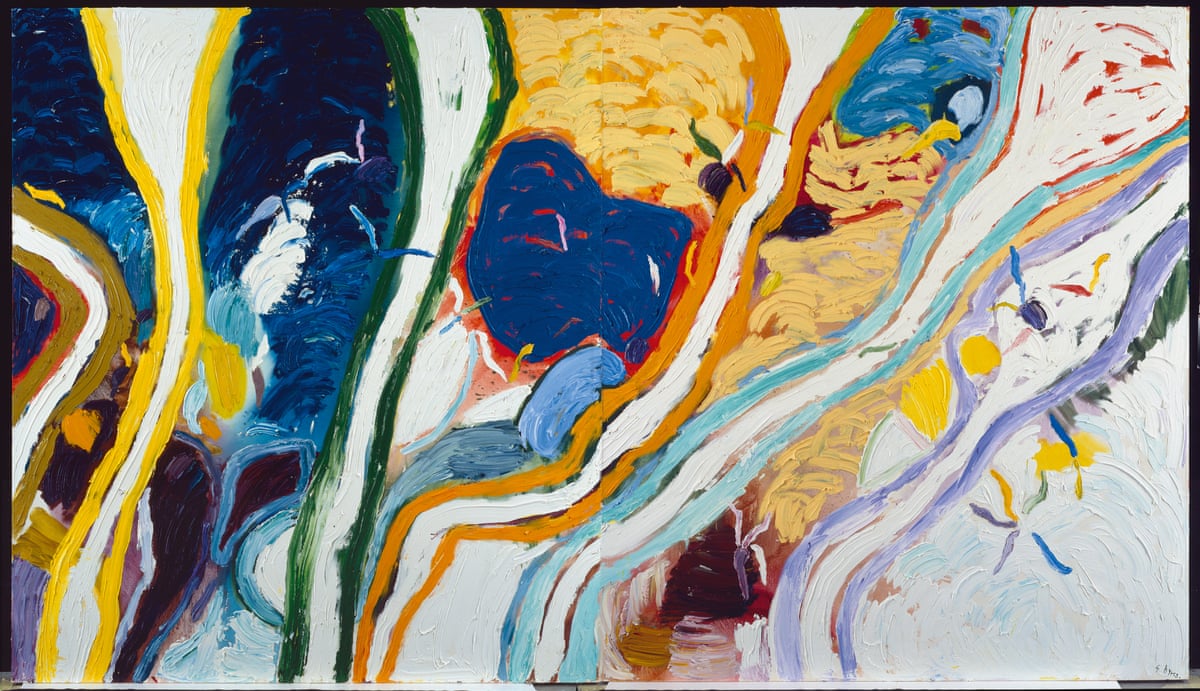 Abstract painting in blues, yellows and whites.