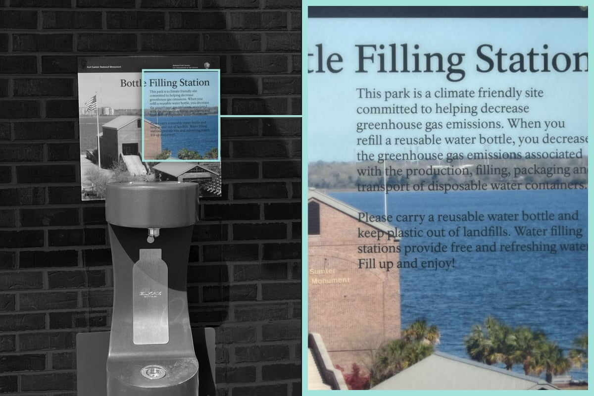 A sign at a water bottle refilling station asking people to reduce plastic waste. Detail on removal