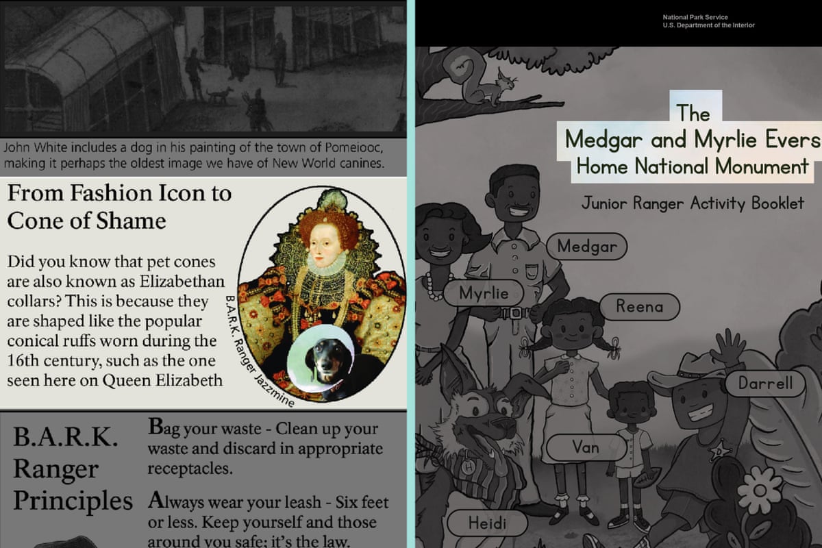 Details from two junior ranger brochures, one from Fort Raleigh National Historic Site in North Carolina, and the other from Medgar Evers and Myrlie Evers Home National Monument in Mississippi. Detail on removal