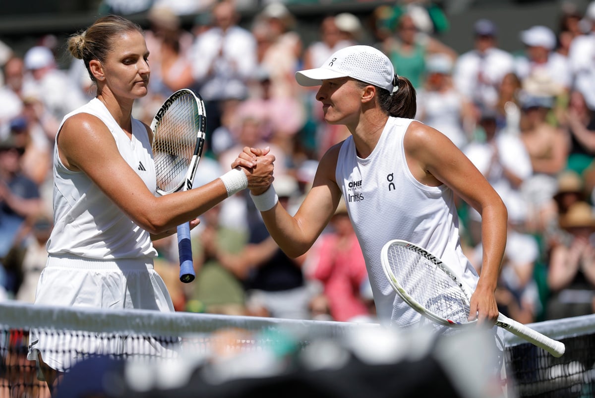 Iga Swiatek (right) shakes hands with Karolina Pliskova on Centre Court after her 6-1, 6-3 victory.