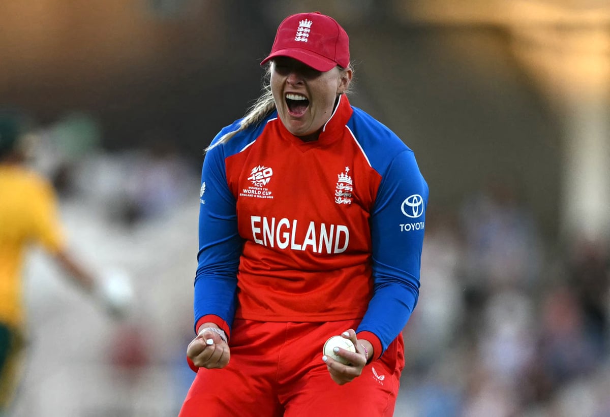 Sophie Ecclestone after her catch dismissed South Africa’s captain Laura Wolvaardt.