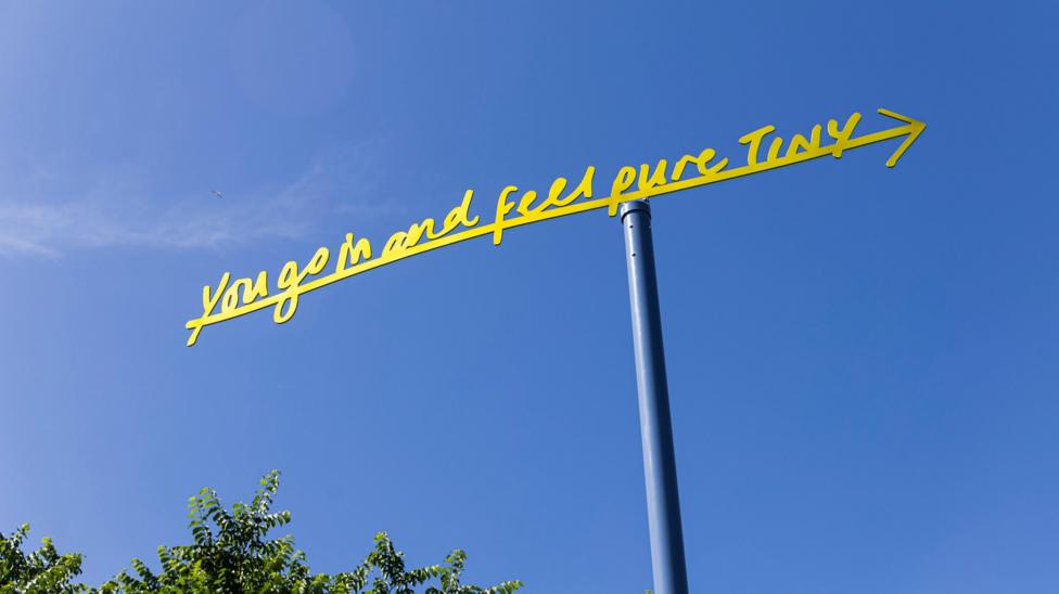 Image shows a weather vein on a long metal pole. The vein is a yellow arrow with text on top which reads
