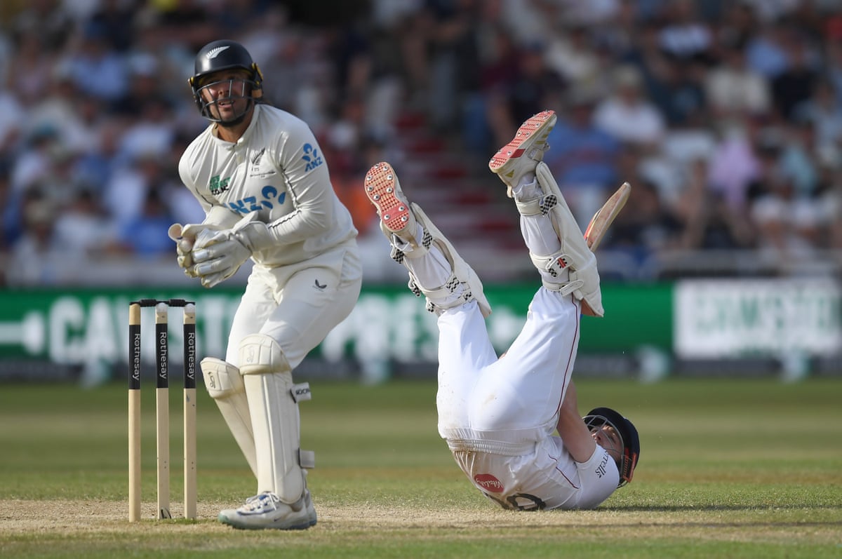 Harry Brook plays a scoop shot as Tom Blundell looks on during the fourth day of the third Test between England and New Zealand at Trent Bridge