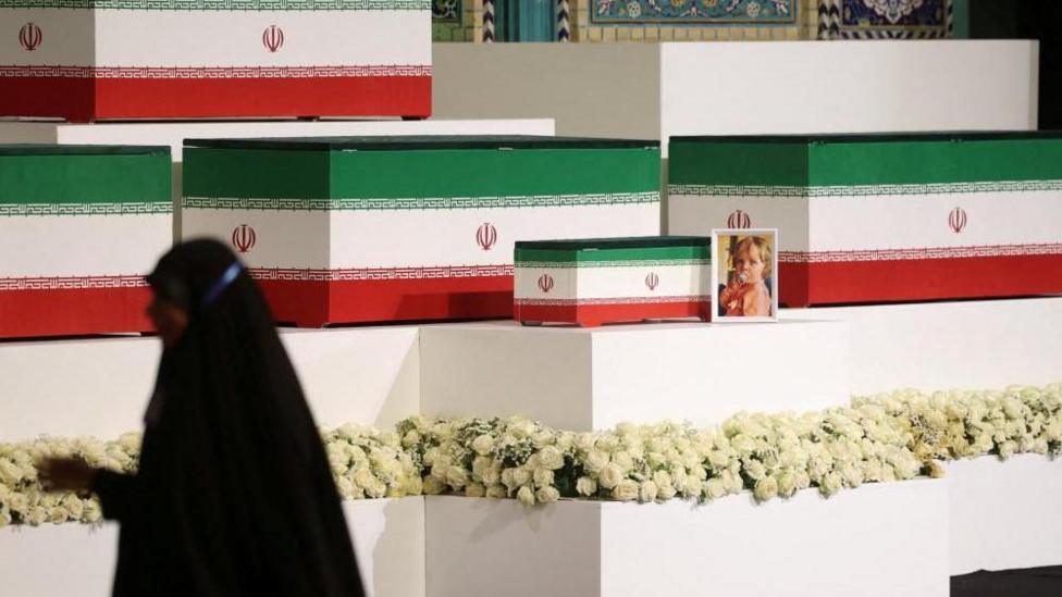 The coffins of former Supreme Leader, Ayatollah Ali Khamenei and his family members, including his 1-year-old granddaughter Zahra Mohammadi Golpayegani who is pictured