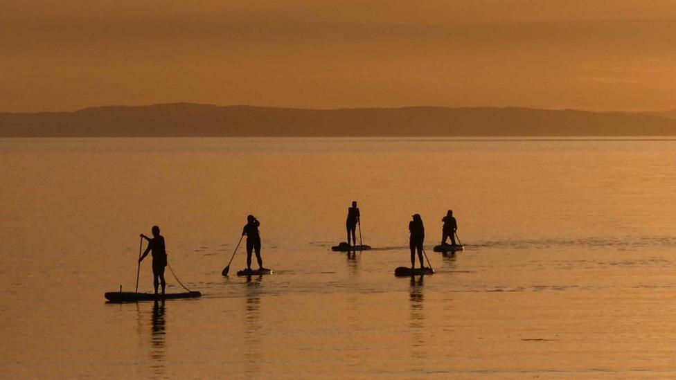 Five paddleboarders glide across calm water at sunset, appearing as dark silhouettes against a warm golden sky. Distant hills stretch across the horizon, reflected in the still sea.