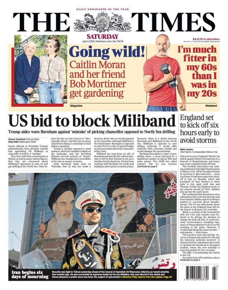 The headline on the front page of the Times reads: “US bid to block Miliband”.