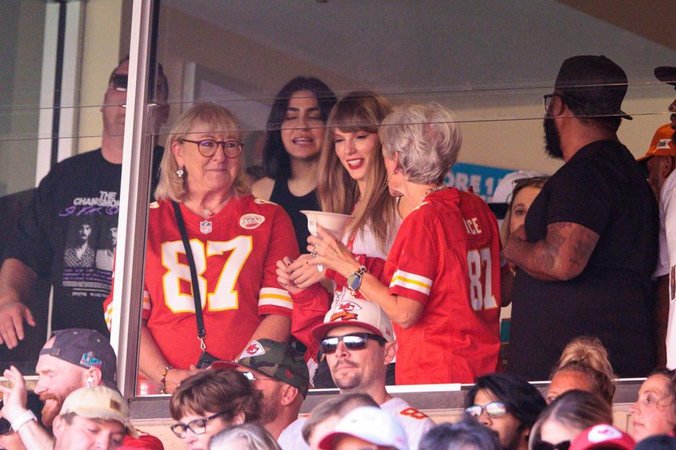 Singer Taylor Swift watches the game with Donna Kielce Kansas City Chiefs tight end Travis Kelce (87) mom against the Chicago Bears on September 24th, 2023 at GEHA Field at Arrowhead Stadium in Kansas City, Missouri. 