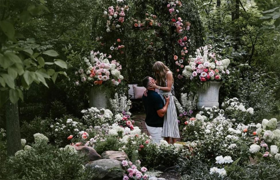 Taylor Swift and Travis Kelce in a floral background