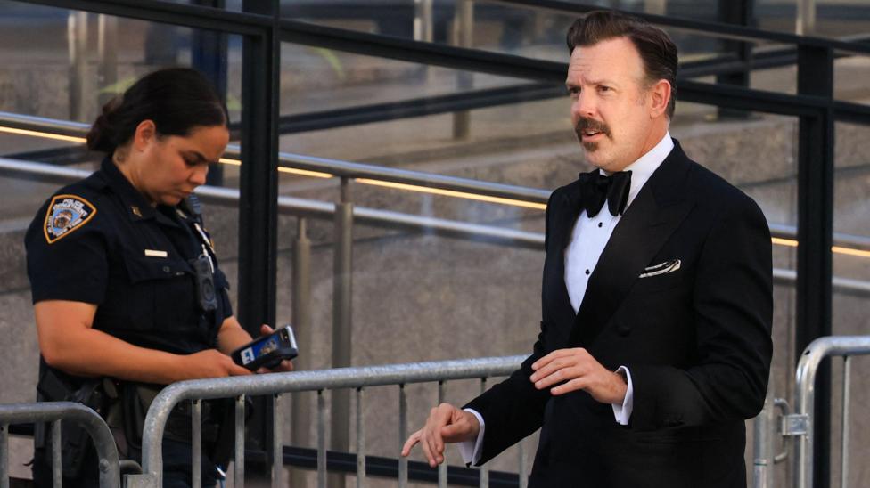 Jason Sudeikis arrives at Madison Square Garden, the venue for the wedding celebrations of singer Taylor Swift and National Football League (NFL) player Travis Kelce.