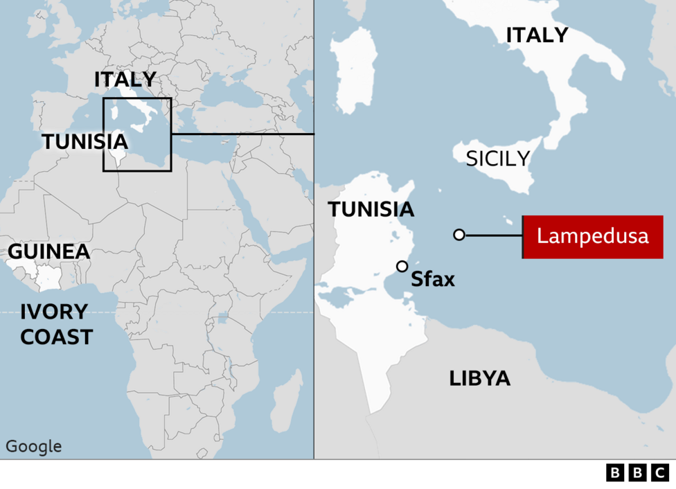 A composite image of two maps. The map on the left highlights the region of southern Italy's coast. The map on the right is a closer look at the island of Lampedusa which sits between Tunisia and Sicily 