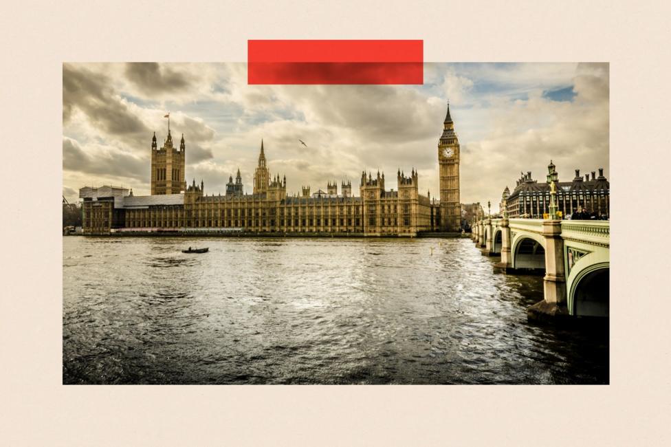 General view of the Houses of Parliament in London, with grey skies