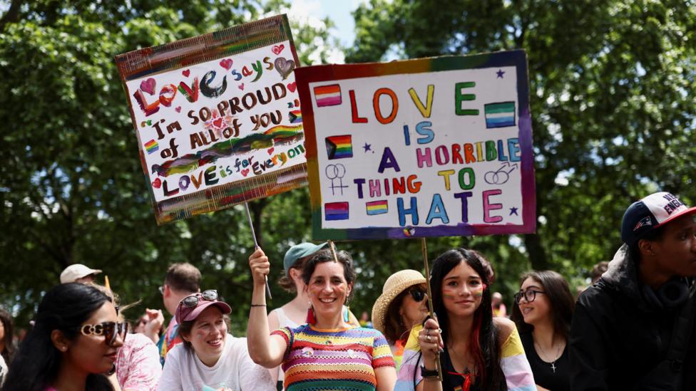 A crowd of smiling attendees at a Pride event under a canopy of green trees. In the centre, two women hold up colorful, hand-painted protest signs; the sign on the left reads